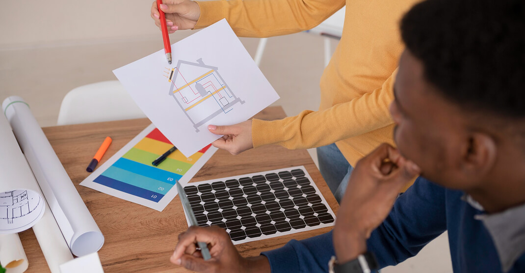 Zwei Personen planen Photovoltaikanlage mit Solarmodul und Hausplan auf dem Tisch
