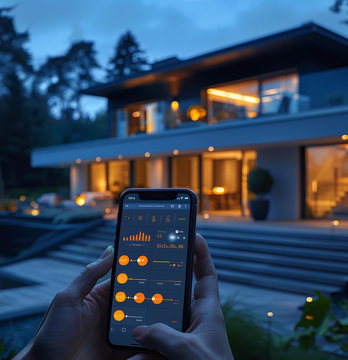 Person hält Smartphone mit Smart-Home-App vor moderner beleuchteter Villa bei Nacht
