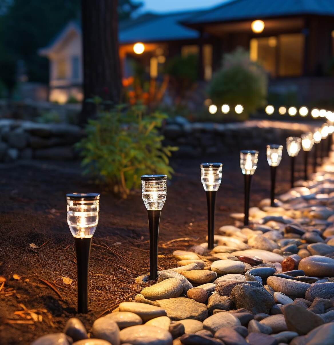 LED-Wegeleuchten entlang eines Kieswegpfades und Garten bei Nacht beleuchtet