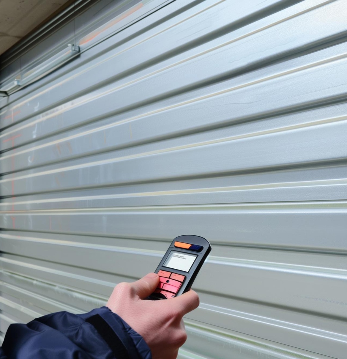 Hand mit Fernbedienung öffnet elektrisches Rolltor an Garage oder Lager