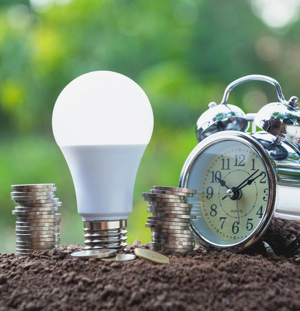 LED-Glühbirne mit Münzstapeln und Wecker als Symbol für Energiekostenersparnis