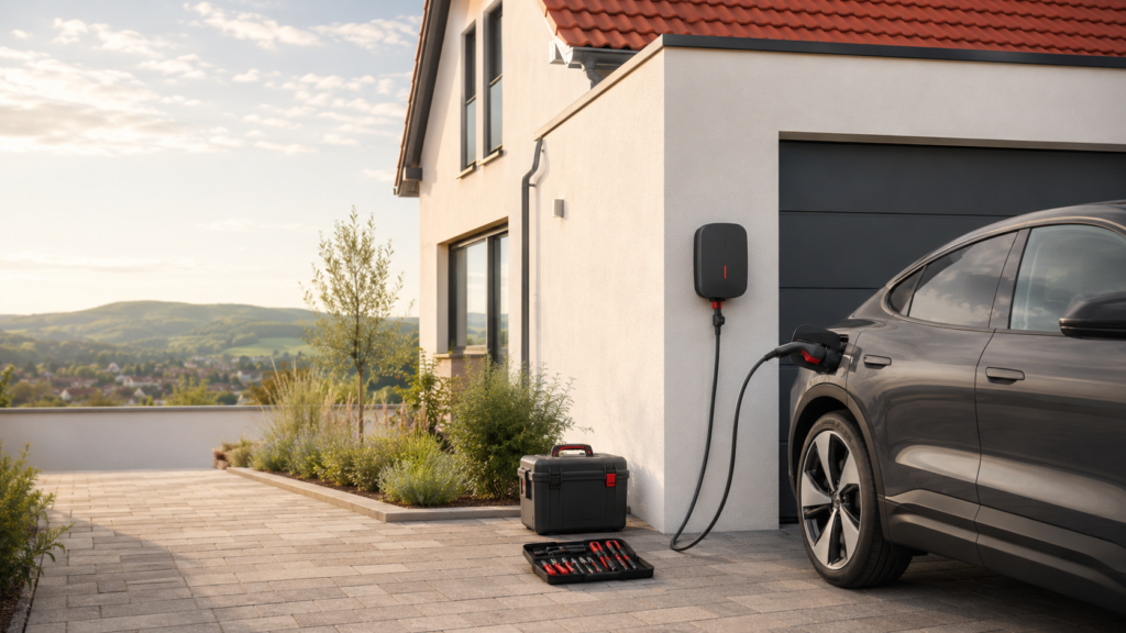 Installierte Wallbox mit Elektroauto an einem Einfamilienhaus in Kirchheim unter Teck