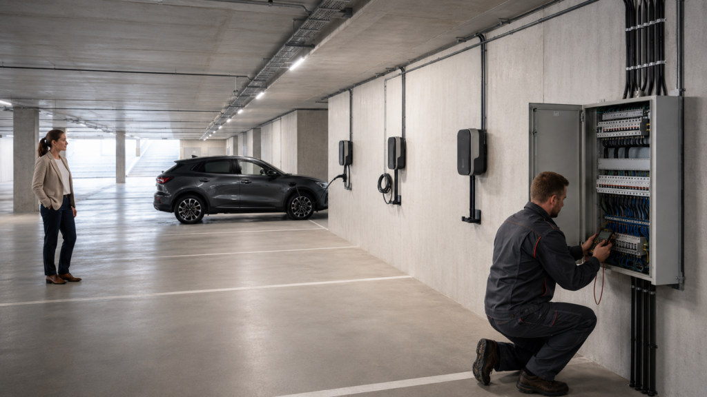 Wallbox Göppingen in moderner Wohnanlage mit intelligentem Lastmanagement und mehreren Ladeplätzen