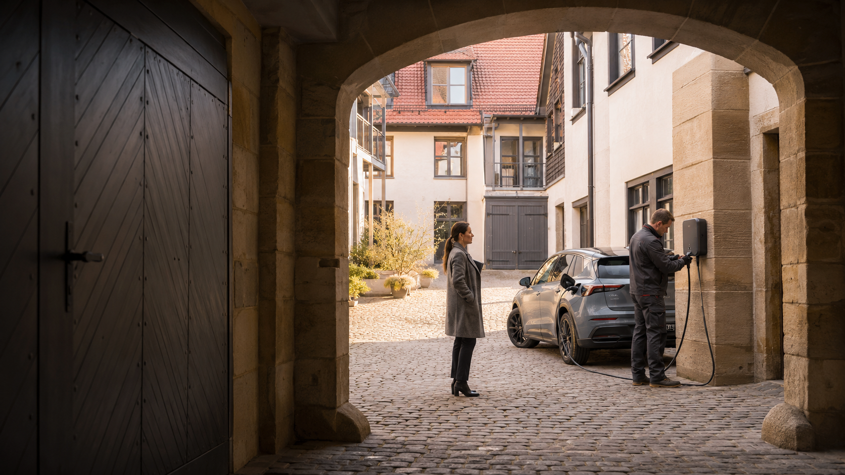 Wallbox Esslingen in saniertem Innenhof mit Elektroauto und fachgerechter Installation