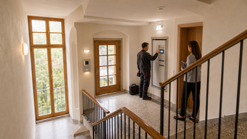 Elektriker Esslingen prüft moderne Gebäudetechnik in einer sanierten regionalen Wohnimmobilie
