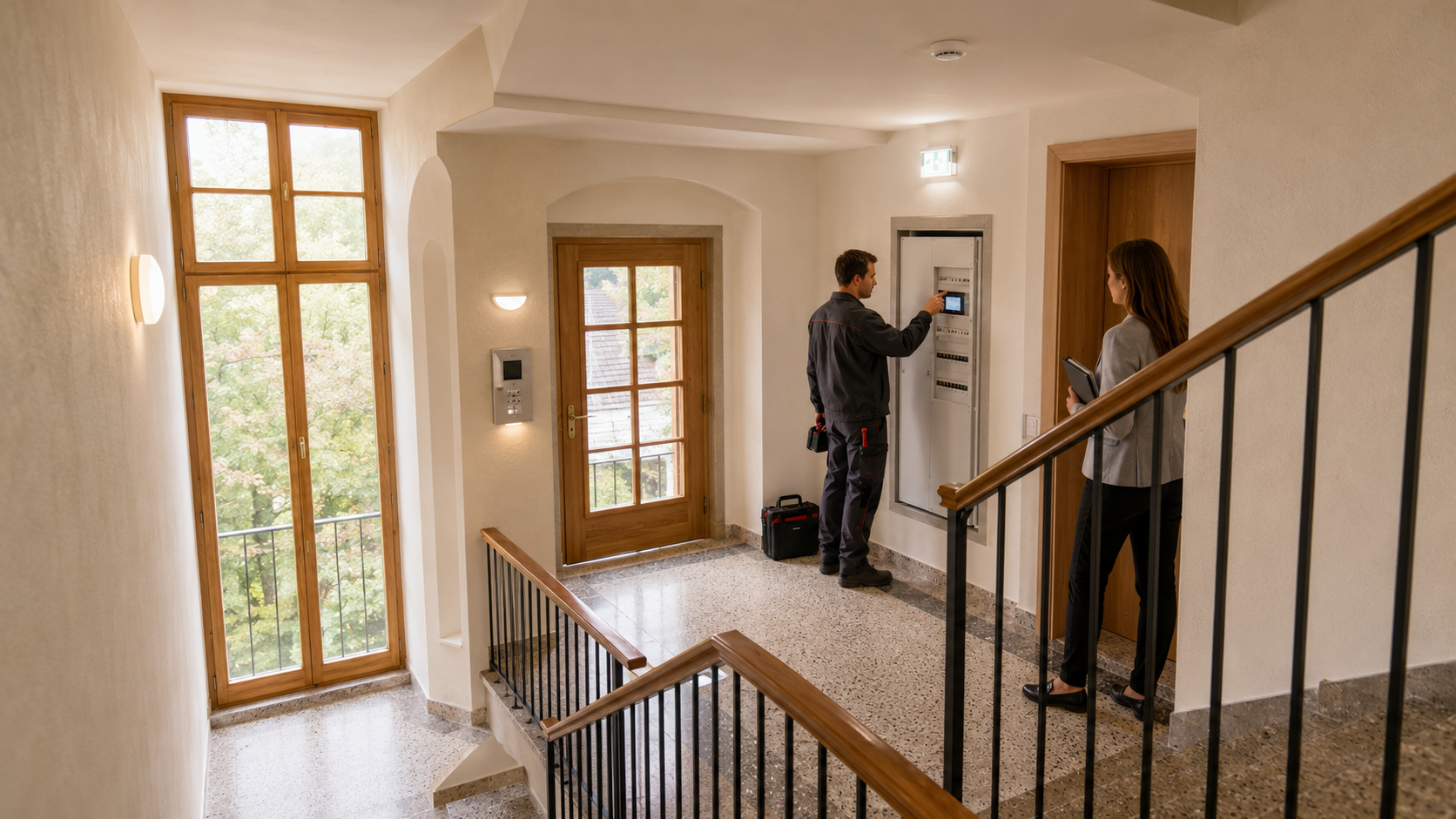 Elektriker Esslingen prüft moderne Gebäudetechnik in einer sanierten regionalen Wohnimmobilie