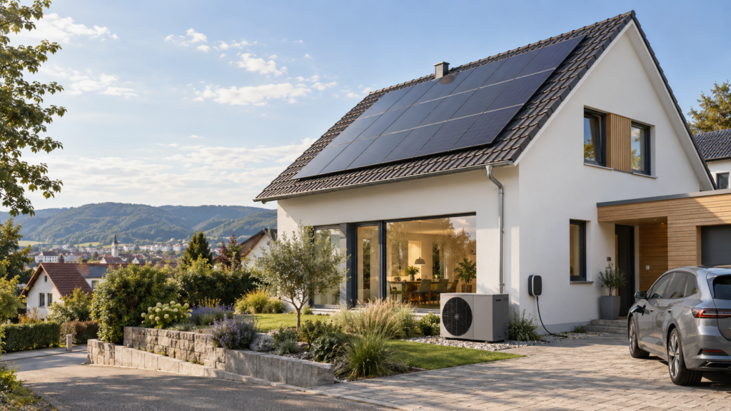 Energiemanagement System Kirchheim verbindet Photovoltaik, Wallbox und Wärmepumpe in einem Wohnhaus.